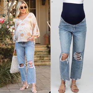 Pinkblush Light Wash Ripped Knee Distressed Straight Wide Leg Maternity Jeans